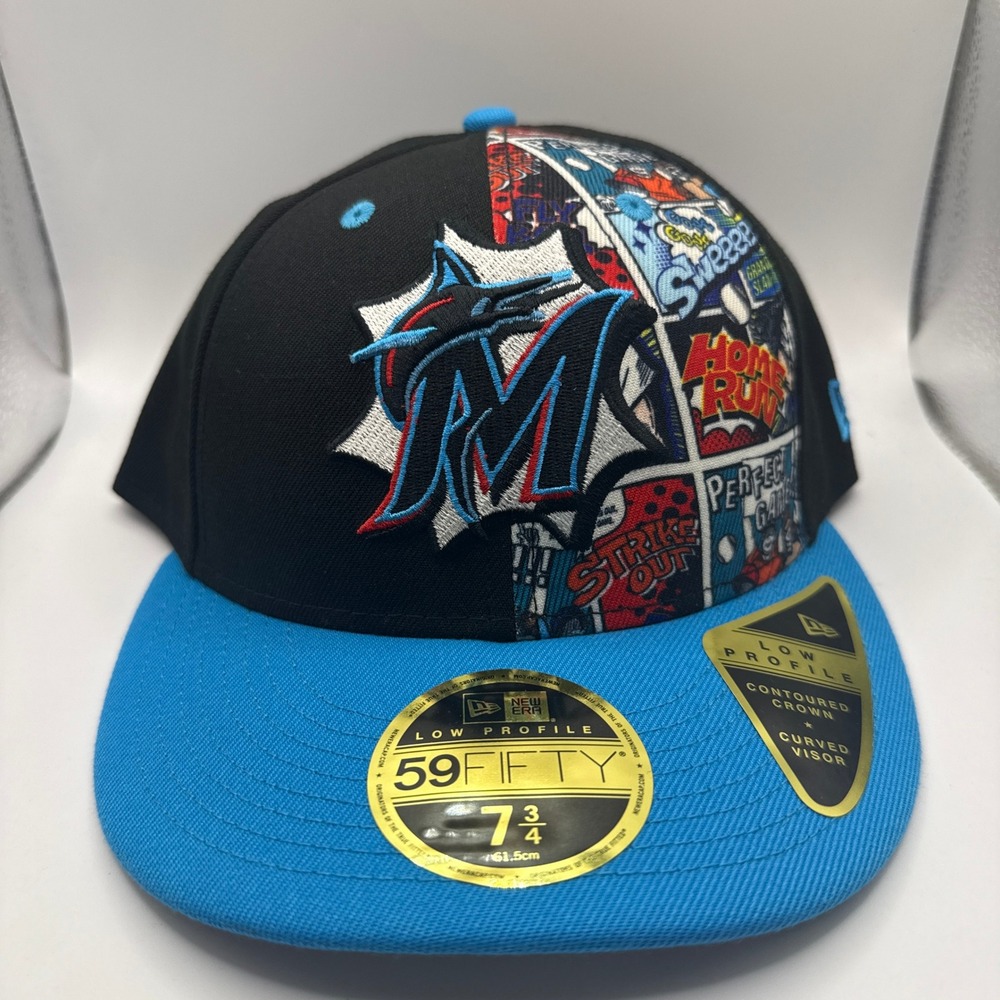 New Era 59FIFTY Low Profile Miami Marlins Comic Panel Hat 7 3/4 Black Blue